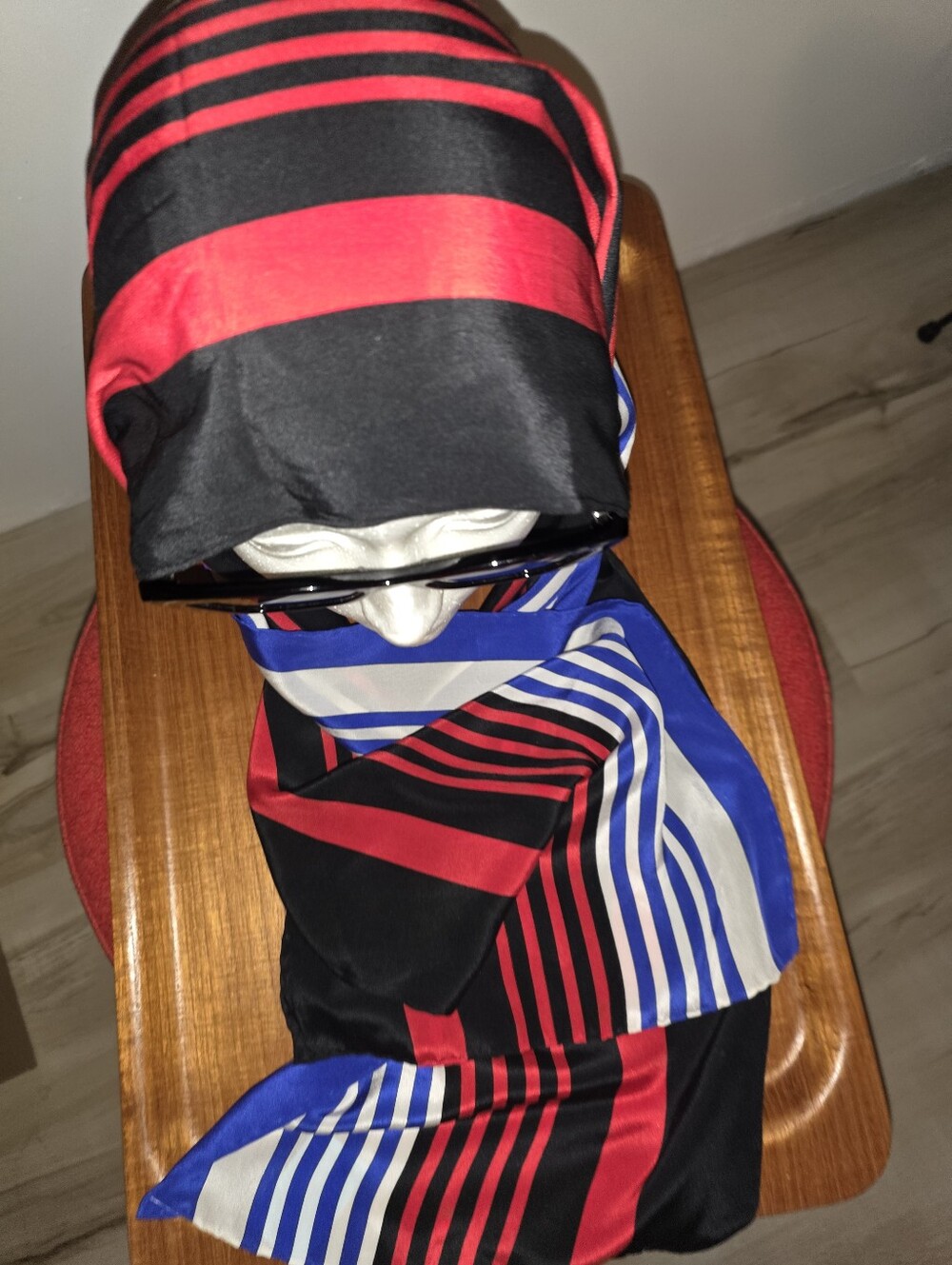 Vibrant vintage Yves Saint Laurent scarf, bold red, black, and blue stripes, YSL